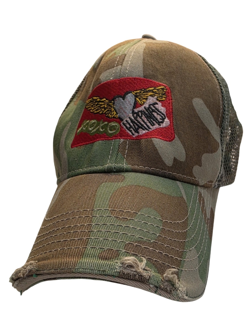 Y2K Camo Trucker Hat XOXO HAPPINESS Wings Heart Distressed